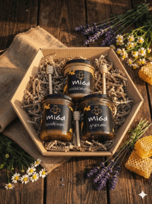 Rustykalny zestaw prezentowy z miodami 400g na naturalnym brązowym wypełnieniu: spadziowy, gryczany, wielokwiatowy