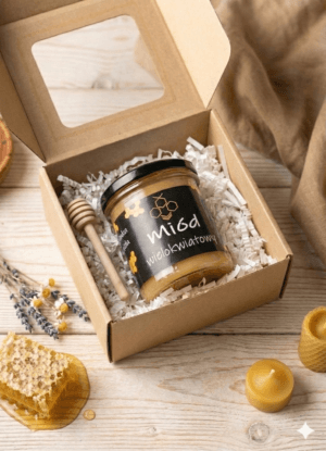 Słoik naturalnego miodu wielokwiatowego 400 g w ozdobnym pudełku z białym, estetycznym wypełnieniem zig-zag.(Sceneria: Magia AI 🪄)